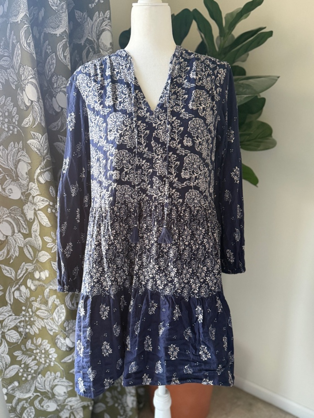 Boho Floral Navy Tunic Dress with V-Neck